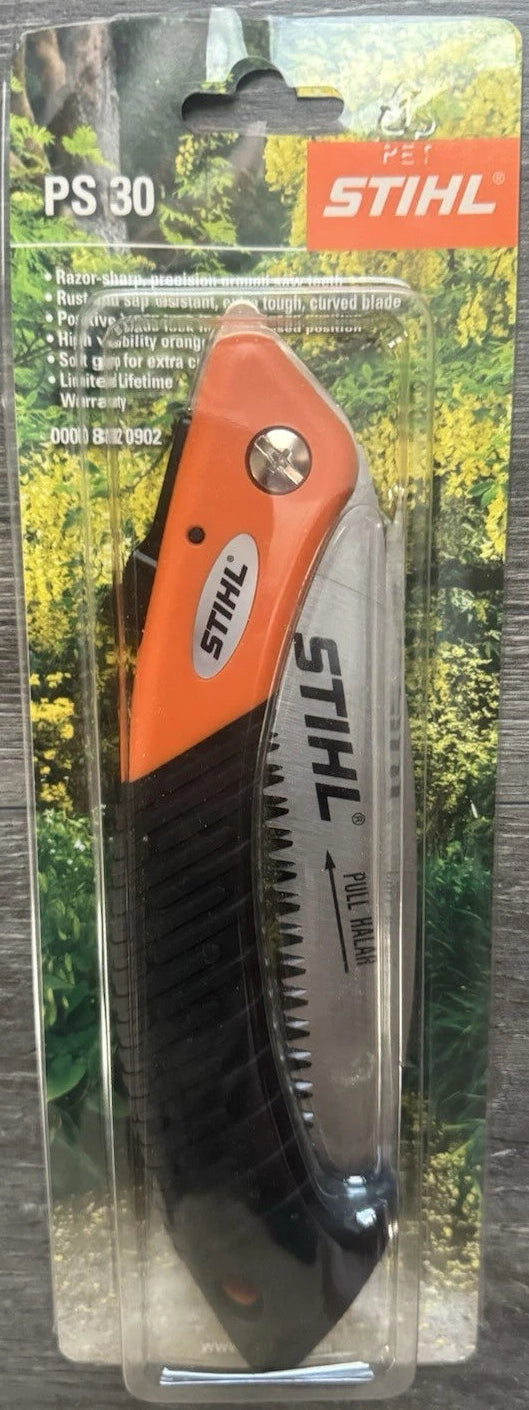 STIHL folding saw in packaging on a wooden surface