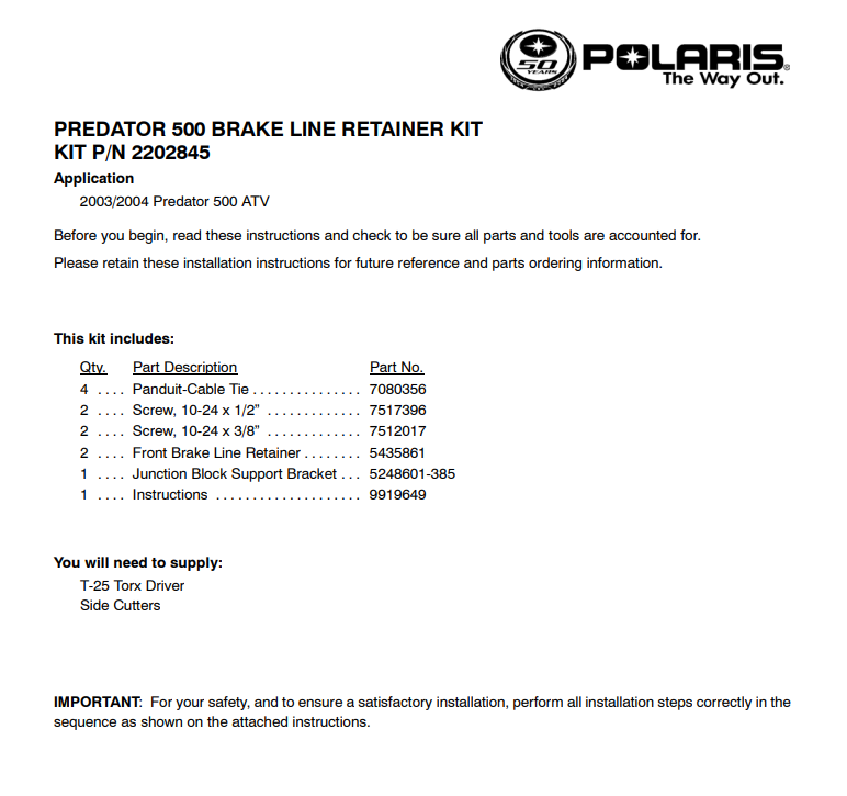 POLARIS OEM KIT 2202845 KIT-BRAKE LINE SUPPORT