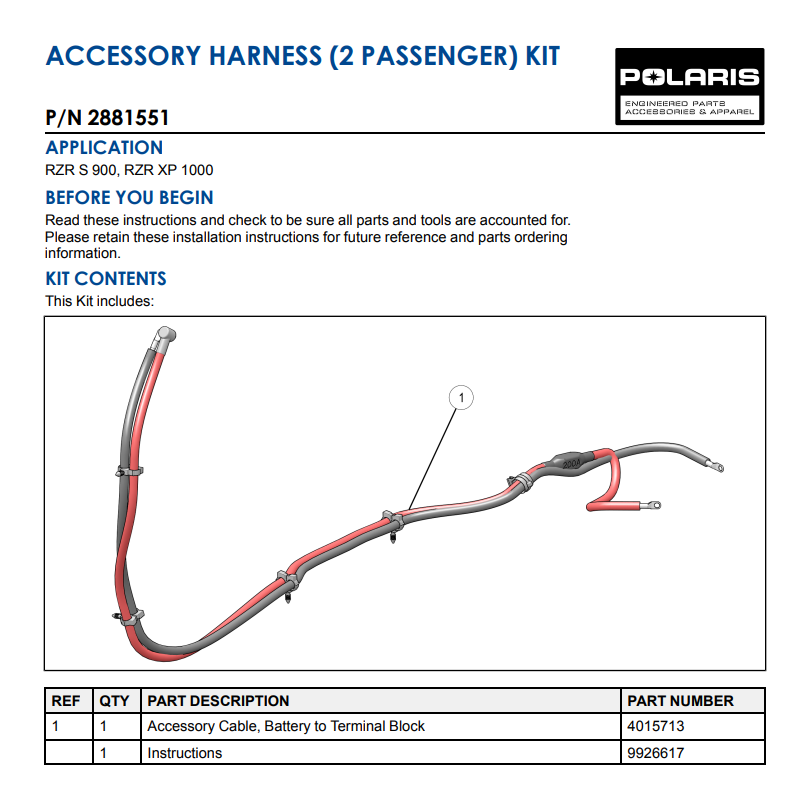 POLARIS OEM PART#2881551 Accessory Cable, Battery to Terminal Block RZR S 900, RZR XP 1000