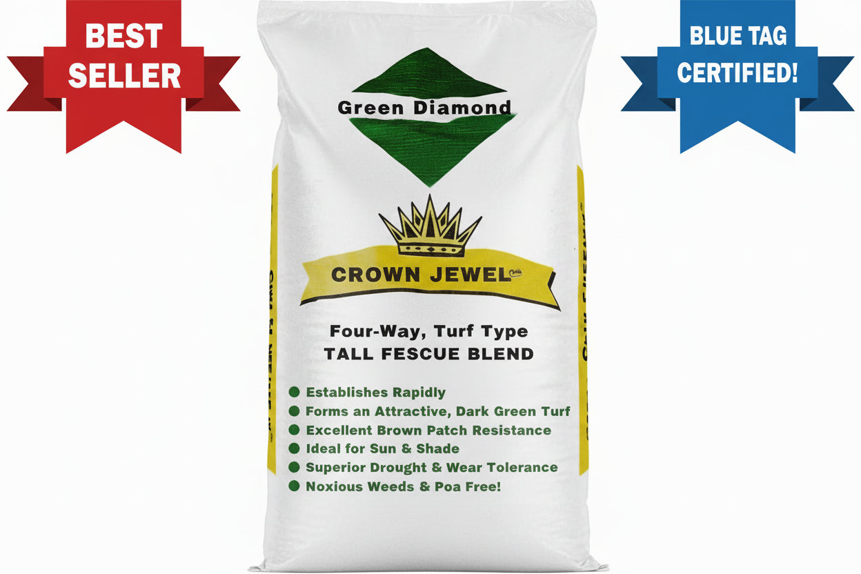 Bag of Green Diamond Crown Jewel Tall Fescue Blend on a white background