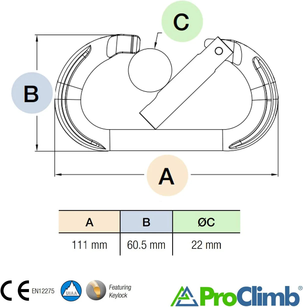 ProClimb 7kN True Oval Aluminum Carabiner - Keylock Gate - 22mm Opening - Professional Climbing Hardware